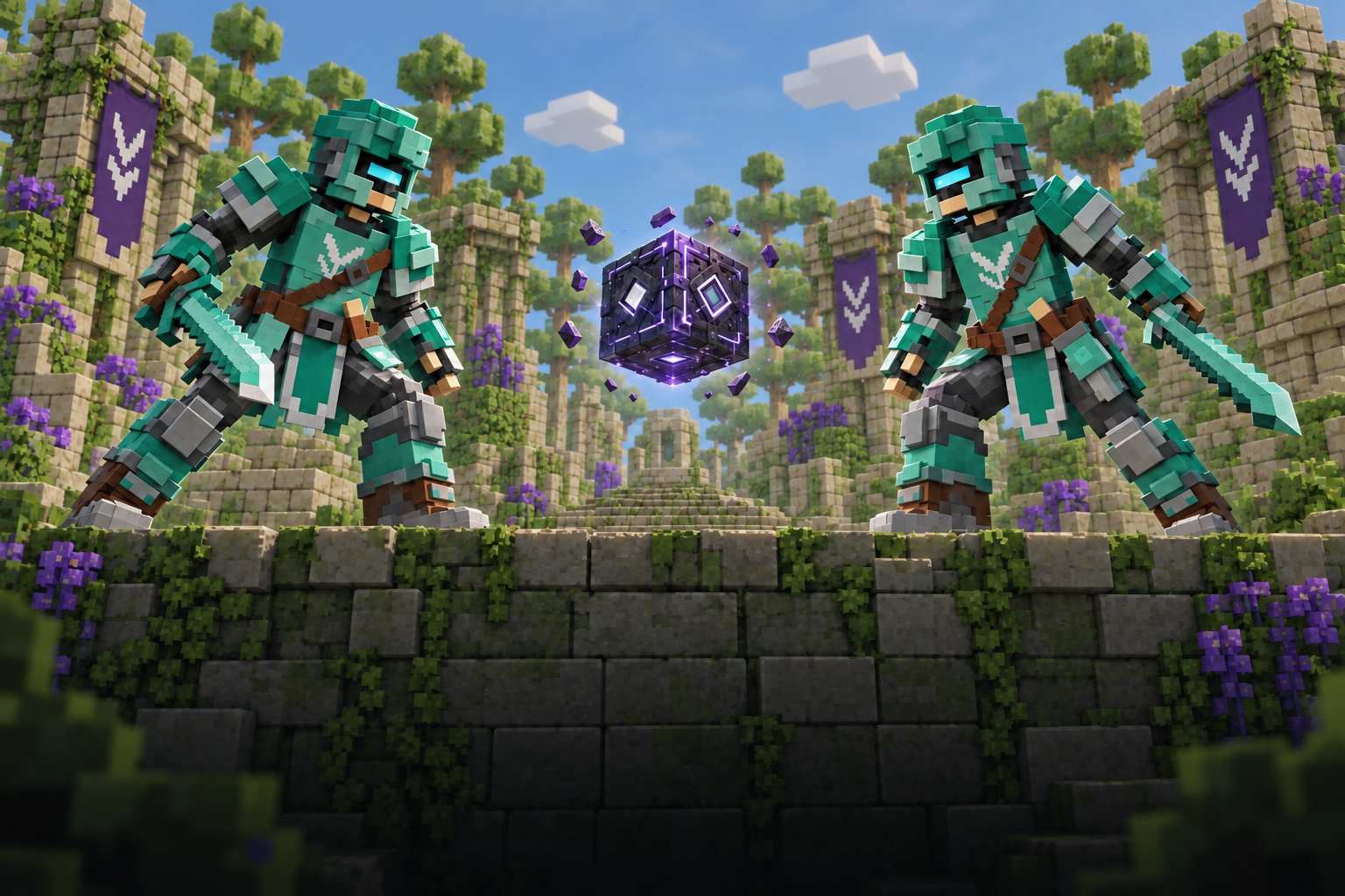 Two green armoured heroes face off around a floating cube in a colourful voxel arena, above a shaded stone wall.