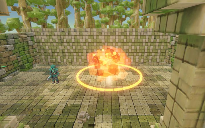 A self-destruct blast: a fireball of orange cubes inside a glowing ring on the arena floor.