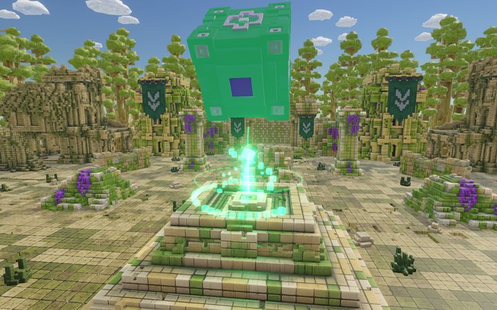 The hill at the centre of the arena: a stepped pyramid with a mint beam rising toward the floating cube.