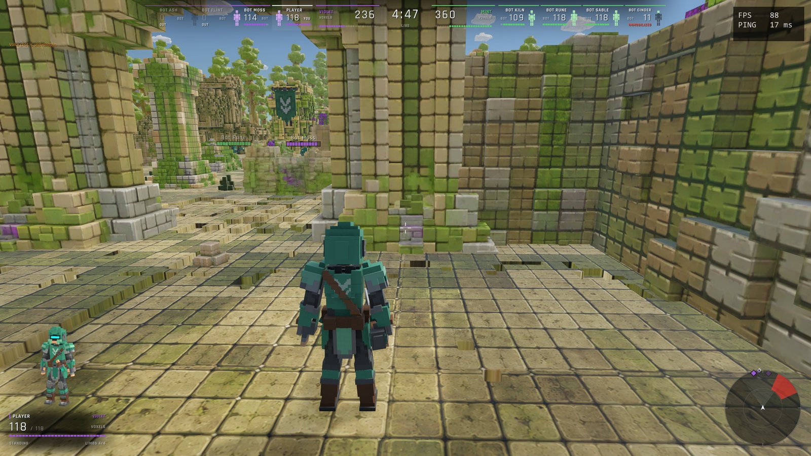The new match HUD in a 4v4 against bots: team totals and the clock with all eight fighters across the top, the player's 3D figure and voxel count bottom-left, and the radar bottom-right with an enemy wedge lit red.