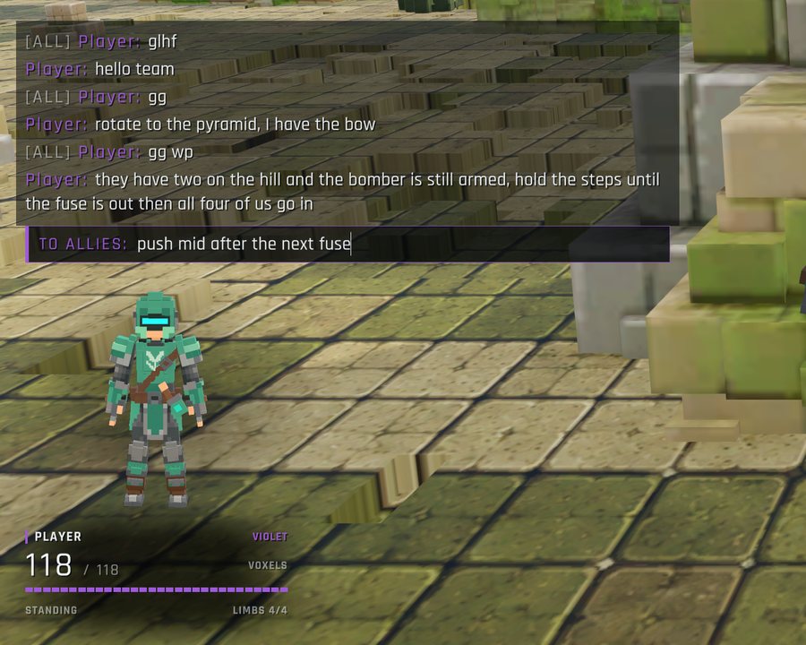 Close-up of match chat above the player card: team and [ALL] lines with names in violet, and an open line marked TO ALLIES.