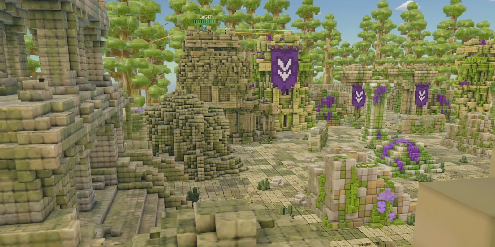 The arena: moss-covered stone towers, archways and purple banners in a voxel courtyard, with forest beyond the walls.