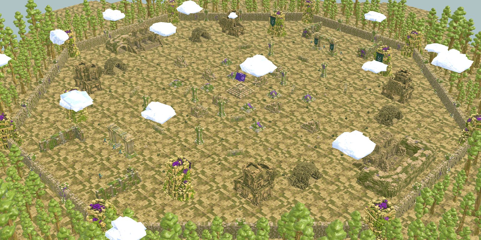 The experimental XL map from high above a corner: an eight-sided castle wall round spread-out ruins, with forest planted outside it.