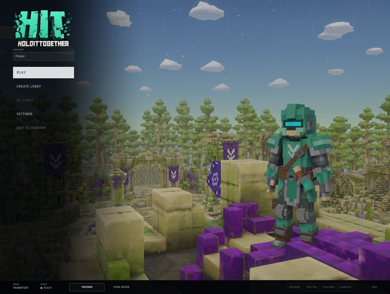The new main menu: the HIT logo over a shaded nav column with PLAY, CREATE LOBBY, MY LOBBY, SETTINGS and QUIT TO DESKTOP, and a green hero standing in the arena.